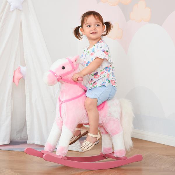 Cavalo Baloiço de Pelúcia para Crianças entre 3 - 6 Anos com Sons de Relincho 74x28x65 cm Rosa