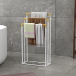 Toalheiro de Pé de 3 Níveis em Forma de Escada com 3 Barras de Bambu e Estrutura de Aço 45x22,5x86 cm Branco e Madeira