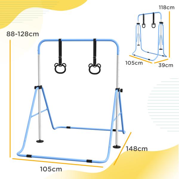 Barra de Ginástica para Crianças com Altura Ajustável em 5 Níveis Anéis e Dobrável 148x105x88 - 128 cm Azul