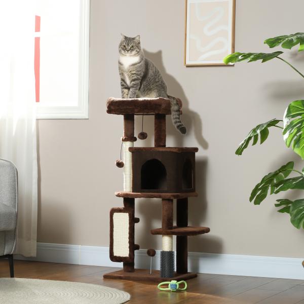 Arranhador para Gatos Grande Altura 104 cm com Plataformas Postes com Escova Bolas Suspensas e Almofadas para Arranhar Marrom
