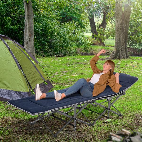 Cama de Campismo Dobrável com Almofada Bolso Lateral e Bolsa de Transporte 188x64,5x53 cm Preto e Azul Escuro