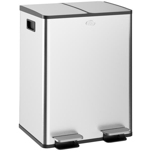 Balde de Lixo de Cozinha com 2 Compartimentos 2x20L Pedal Tampa de Fechamento Suave e Cubo Amovível Prata