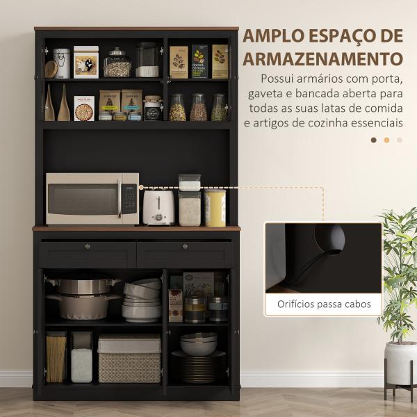 Armário de Cozinha com 3 Portas de Vidro Compartimento Aberto 2 Gavetas e Prateleiras Ajustáveis 100x40x180 cm Preto