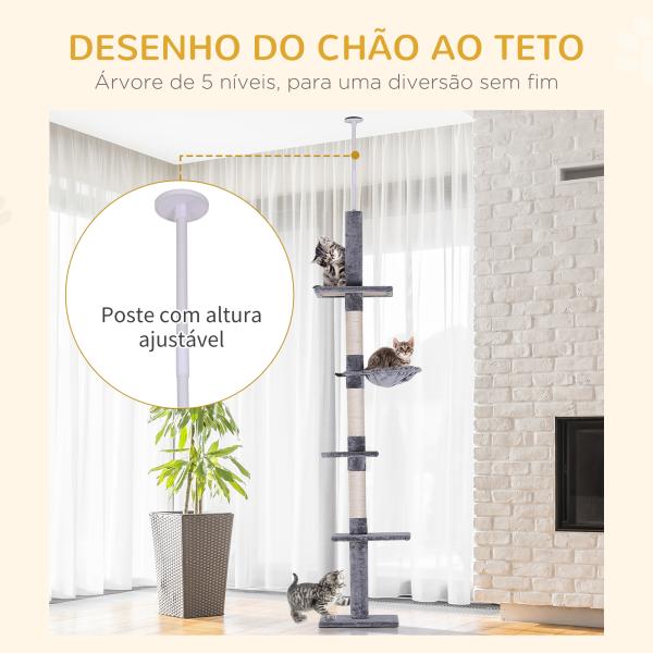 Árvore Arranhadora para Gatos Arranhador para Fixar ao Teto Altura Ajustável com Plataformas Poste de Sisal 40x34x230 - 260cm Cinza