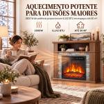 Lareira Elétrica Decorativa 1800W com Prateleira, Efeito Chama, 5 Níveis de Brilho, Termóstato, Temporizador e Comando, Castanha