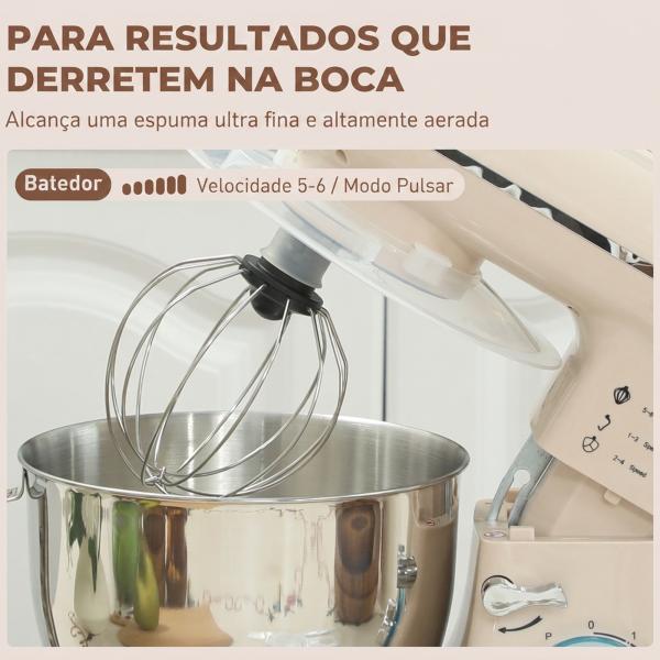 Batedeira Planetária 4,5L 1300W 6 Velocidades Taça de Aço Inoxidável Batedor Gancho Varas Bege