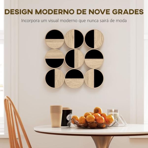Quadro Decorativo de Parede Geométrico Decoração de Parede Moderno 3D 60x60 cm com Espelho de Plástico Preto e Madeira