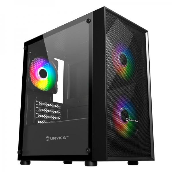 Caixa Micro ATX Unykach MIR B200 C Vidro Temperado USB - A 2.0 e USB - A 3.0 e Audio - 3 Ventoinhas 120mm ARGB Instalados - Suporta Refrigeração Liquida