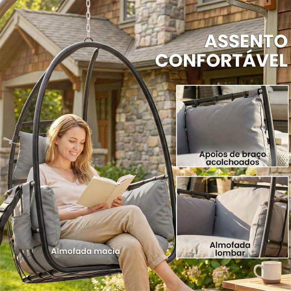 Cadeira Suspensa Tipo Ovo com Suporte Cesto Dobrável Apoio de Cabeça Almofada Bolso Lateral Capacidade 120 kg Cinzento Escuro
