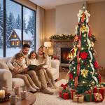 Árvore de Natal Desdobrável 180 cm com 100 Luzes LED, 11 Modos, Comando à Distância e Decoração Incluída, Verde