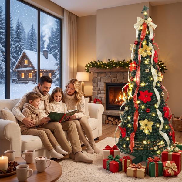 Árvore de Natal Desdobrável 180 cm com 100 Luzes LED, 11 Modos, Comando à Distância e Decoração Incluída, Verde