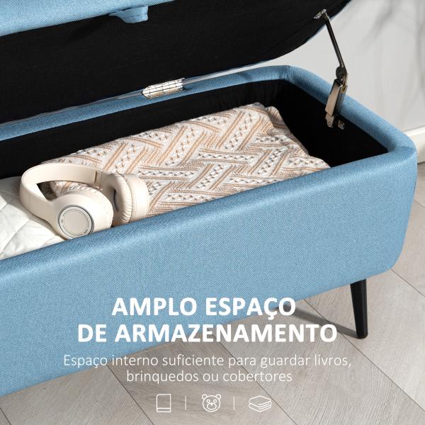 Banco de Armazenamento Estofado em Linho com Tampa Abatível e Pés de Aço Carga Máxima 150kg 101x38,5x44,5 cm Azul Claro