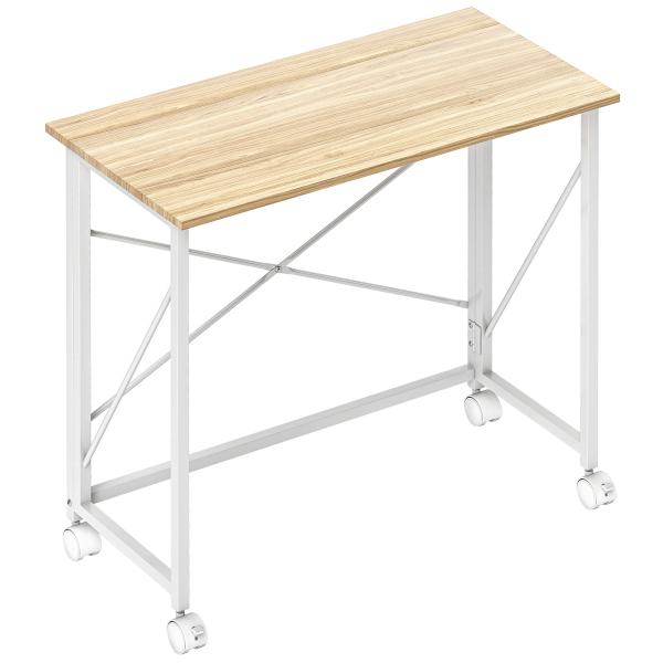 Secretária Dobrável com Rodas Mesa de Secretária Compacta Portátil para Espaços Pequenos 80x40x75 cm Madeira e Branco