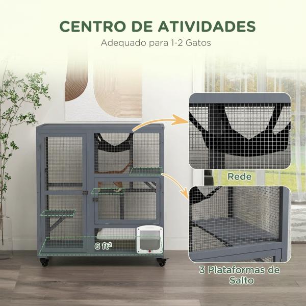 Gaiola Interior para Gatos em Madeira com Rodas, Portas, Plataformas de Salto, Rede e Topo Basculante, 110x100x60 cm, Cinzento