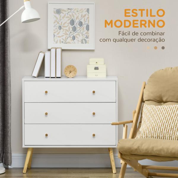 Cómoda com 3 Gavetas com Pés de Madeira de Pinho para Sala de Estar Escritório 80x30x80 cm Branco e Madeira