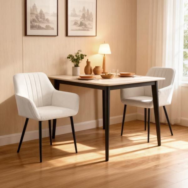 Conjunto de 2 Cadeiras de Sala de Jantar Estofadas em Linho com Encosto e Pés de Metal 59,5x56,5x81 cm Bege Claro