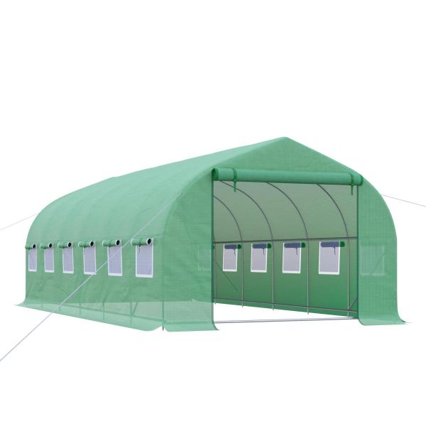 Estufa Tipo Túnel 595x300x200cm Estufa de Jardim Grande com 12 Janelas e Porta Enrolável com Zíper para Cultivo de Plantas Verde