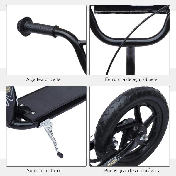 Trotinete para Crianças acima de 5 anos Scooter de 2 Rodas Grandes de 12 Polegadas com Freio e Guidão Ajustável em Altura Carga Máx. 50kg 120x52x80 - 88cm Preto