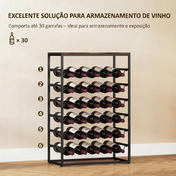 Garrafeira para 30 Garrafas de 6 Níveis com Superfície de Madeira Estilo Industrial 59x30x88,5 cm Castanho Rústico