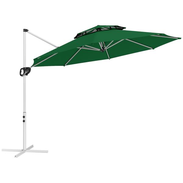 Chapéu de Sol Excêntrico Ø292 cm com Manivela Rotativo 360° Inclinação Ajustável Duplo Teto e Base Cruzada Verde Escuro