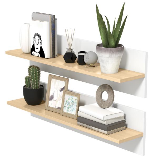 Conjunto de 2 Prateleiras Flutuantes de Parede 80 cm para Sala, Entrada ou Quarto, Carga 3 kg, Branco e Natural