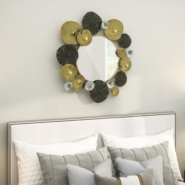 Espelho Decorativo de Parede Metálico para Sala Quarto Corredor 84x84 cm Dourado e Preto