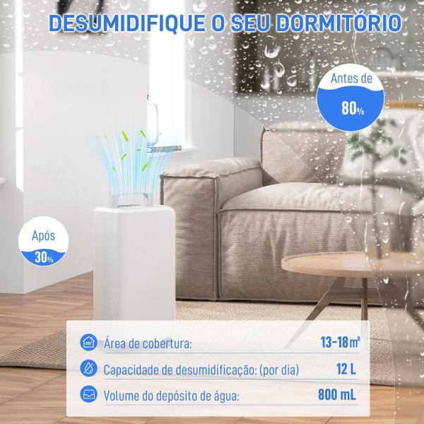 Desumidificador 12L/dia Depósito de Água 0,8L com Rodas Temporizador de 24 Horas Ecrã Digital de Humidade Branco