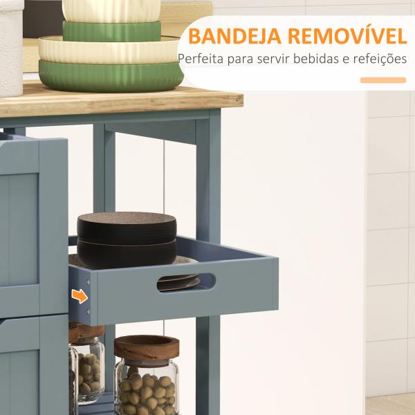 Carrinho de Cozinha com Rodas Carrinho de Serviço com 3 Gavetas 2 Prateleiras Abertas e Bandeja 67x37x85,5 cm Cinzento