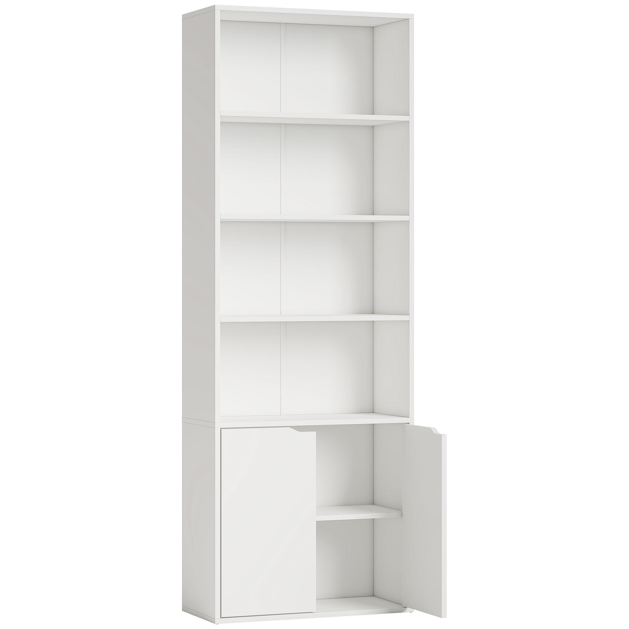 Estante para Livros com 4 Compartimentos Abertos e 1 Armário com 2 Prateleiras Armazenamento Livros Plantas para Sala de Estar Escritório 59x29x180cm Branco