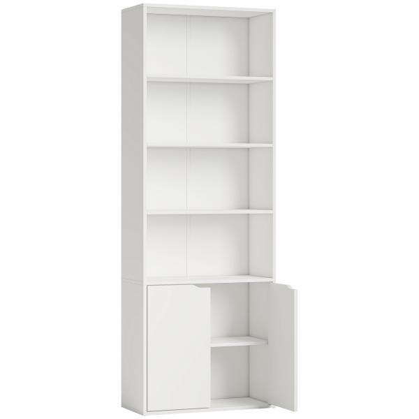 Estante para Livros com 4 Compartimentos Abertos e 1 Armário com 2 Prateleiras Armazenamento Livros Plantas para Sala de Estar Escritório 59x29x180cm Branco