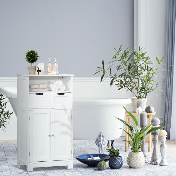 Kleanklin Armário de Casa de Banho com 2 Portas Prateleira Ajustável 2 Gavetas e Compartimento Aberto Móvel Auxiliar de Armazenamento para Sala de Estar Cozinha 60x30x108,8cm Branco