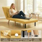 Sofá - Cama Individual Dobrável com Encosto Ajustável em 5 Posições, Sofá - Cama Estofado com Almofada 72x75x85 cm Amarelo