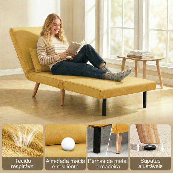 Sofá - Cama Individual Dobrável com Encosto Ajustável em 5 Posições, Sofá - Cama Estofado com Almofada 72x75x85 cm Amarelo