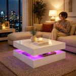 Mesa de Centro com LED RGB de 7 Cores com Armazenamento Aberto e Controlo Remoto 78x78x40 cm Branco