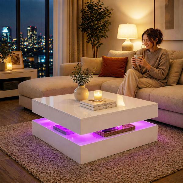 Mesa de Centro com LED RGB de 7 Cores com Armazenamento Aberto e Controlo Remoto 78x78x40 cm Branco