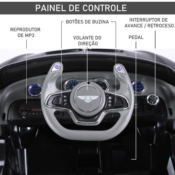 Bentley GT elétrico licenciado para crianças de 3 - 5 anos 2 velocidades com controle remoto farois musica preto
