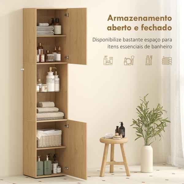 Coluna Casa de Banho Estreita Armário de Banho Alto com 6 Níveis com 2 Portas Prateleira de Vidro 40x31x182 cm Carvalho