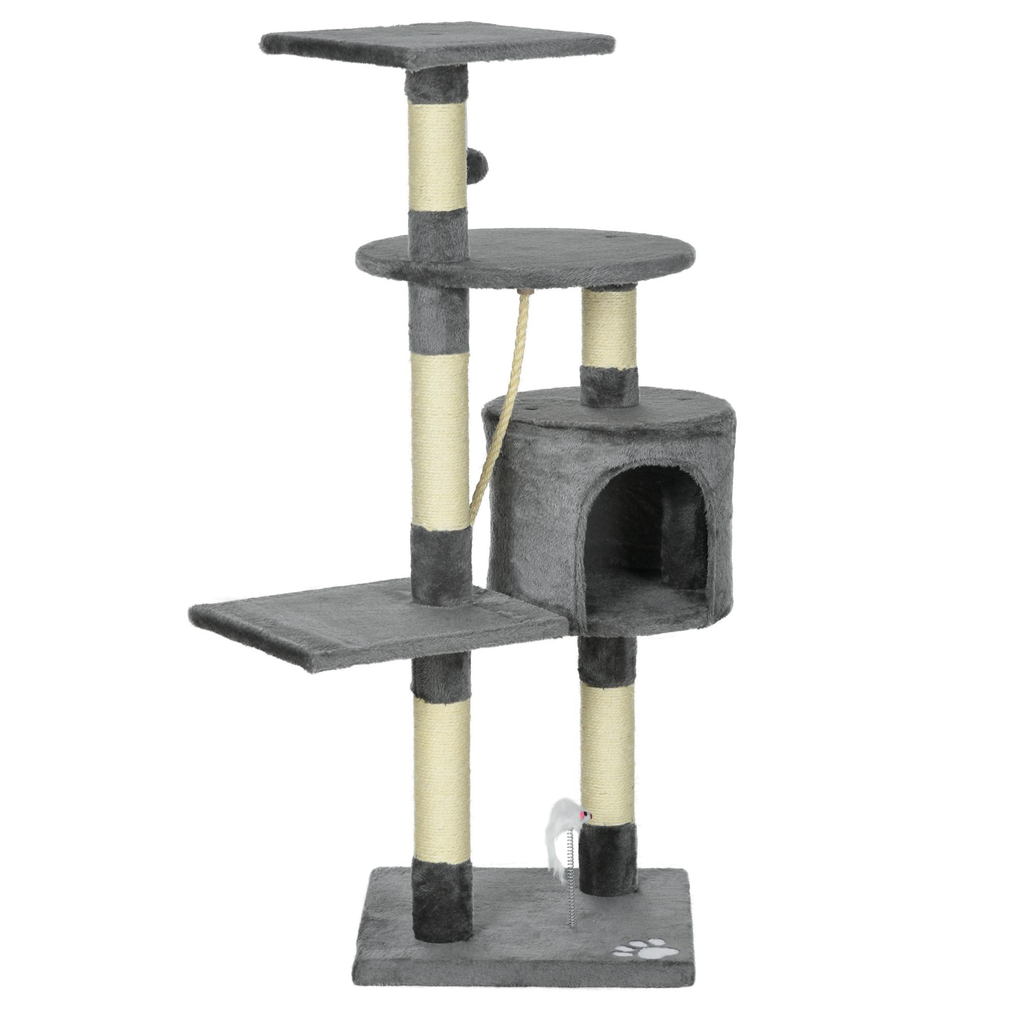 Arranhador para Gatos com 4 Níveis com Poste para Afiar as Garras Caverna Plataformas e Brinquedos 40x40x116 cm Cinzento Escuro