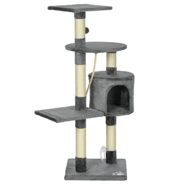 Arranhador para Gatos com 4 Níveis com Poste para Afiar as Garras Caverna Plataformas e Brinquedos 40x40x116 cm Cinzento Escuro