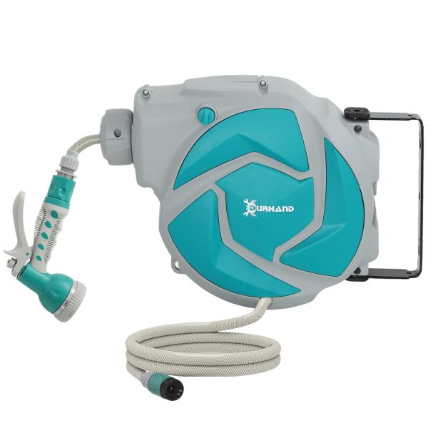 Mangueira Retrátil de Parede com Enrolador de 10+1 m com Enrolamento Automático e Bico de 7 Funções Gira 180°