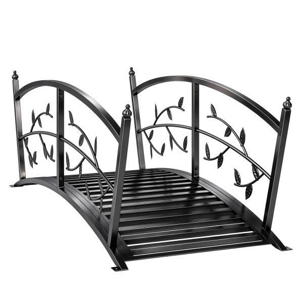 Ponte de Jardim Metálica 1,2 m Ponte Decorativa para Lagos com Corrimãos de Segurança e Design de Folhas Preto