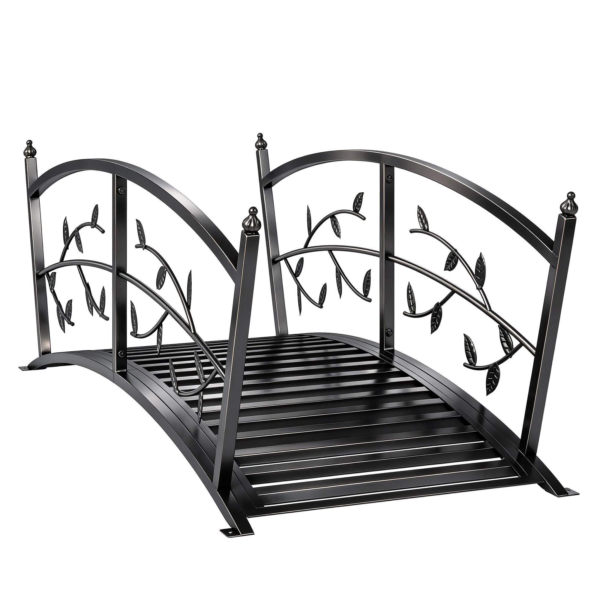 Ponte de Jardim Metálica 1,2 m Ponte Decorativa para Lagos com Corrimãos de Segurança e Design de Folhas Preto