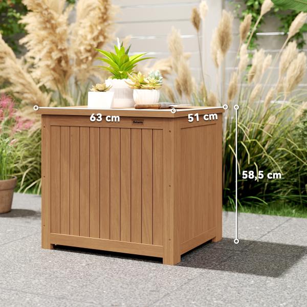 Baú de Exterior em Madeira 130L Arca de Armazenamento com Forro Tampa Articulada e Correia 63x51x58,5 cm Castanho