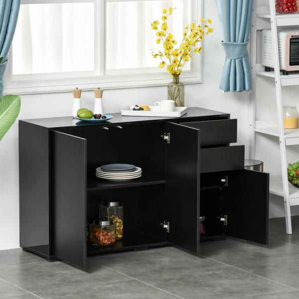 Aparador de Sala de Estar com 3 Portas 2 Gavetas e Prateleira Interior Ajustável Móvel Auxiliar de Armazenamento para Cozinha Dormitório Anti - Rolamento 117x36x74 cm Preto