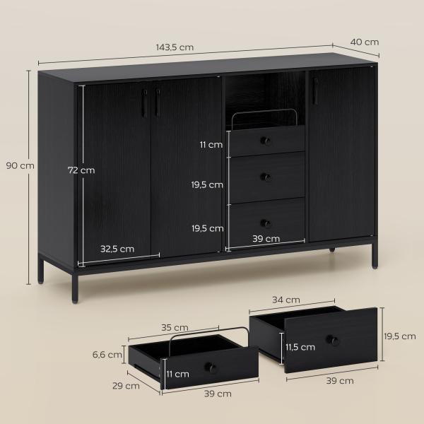 Aparador com 3 Portas e 3 Gavetas Prateleiras Ajustáveis para Cozinha, Entrada Sala de Jantar Quarto 143,5x40x90 cm Preto