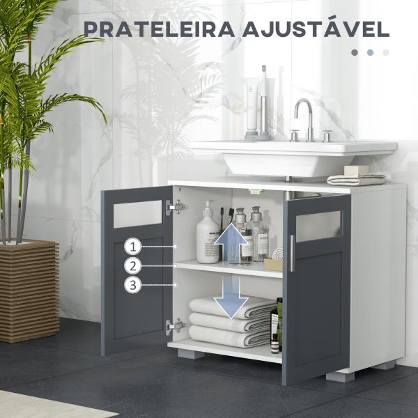 Móvel para Lavatório Pousar com 2 Portas com Vidro Temperado e Prateleira Ajustável 69x35x59 cm Branco e Cinza