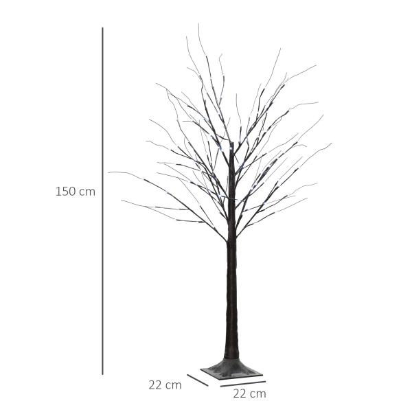 Árvore de Vidoeiro Artificial 150 cm com 96 LEDs Branco Frio, Neve Artificial, Base Metálica e Decoração de Natal Castanha