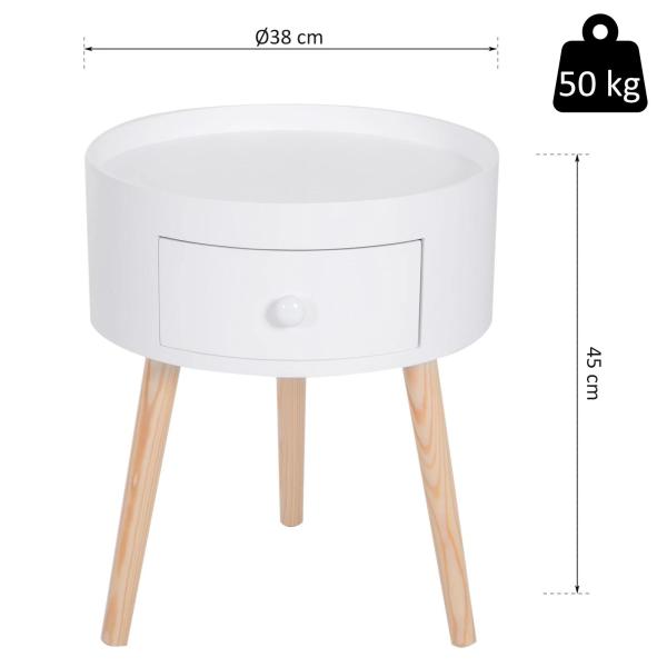 Mesa Apoio Redonda com 1 Gaveta Borda Elevada e 3 Pés de Madeira Estilo Moderno Ø38x45 cm Branco