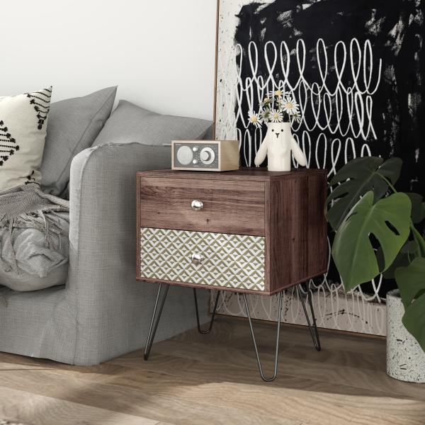 Mesa de Cabeceira com 2 Gavetas Pés de Aço Estilo Boémio Mesa de Cabeceira para Quarto Sala de Estar 45x39x55,5 cm Marrom