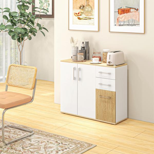 Aparador Sala de Estar Moderno com 2 Gavetas 2 Armários e Prateleiras Ajustáveis 90x30x75,5 cm Branco e Madeira